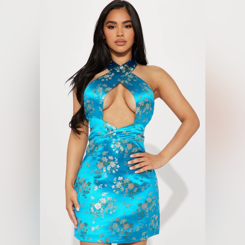 Satin Floral Blue Halter Dress